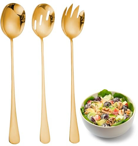APOMOONS Salatbesteck 410 Edelstahl 28×5.5cm Salatlöffel Salatgabel Groß Servierbesteck Set für Restaurants Hotel Party Buffet 3Stk (Gold)