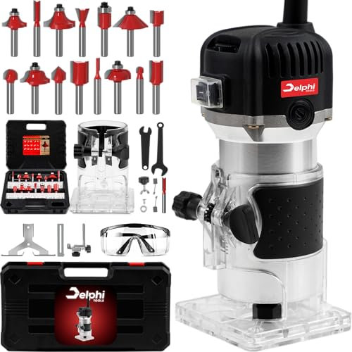 DELPHI Fresatrice Verticale Per Legno 800W 330000 R/MIN Con 15 pezzi Mandrino 6.35mm - Legno Rifilatrice Elettrica Router Legno Elettrica Rifilatrice Per Legno Con Custodia 25 Accessori SET