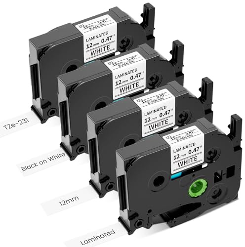 Airmall Tze-231 12mm Weiß für Brother TZe Schriftband Kompatibel mit Brother P-Touch Bänder TZ-231 TZe231 12mm 0.47 Laminiertes Schriftband für P-Touch PT-H100R PT-H105 PT-H100LB PT-H110 H107B PT-D400