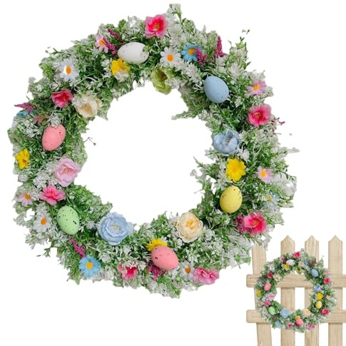 Kaxenig Osterkranz, Bunter Ostereier-, 35 cm Künstliche Osterkränze Für Haustür, Grüne Blätter, Zuhause, Partyzubehör, Blumenkranz Für Fenster, Wand