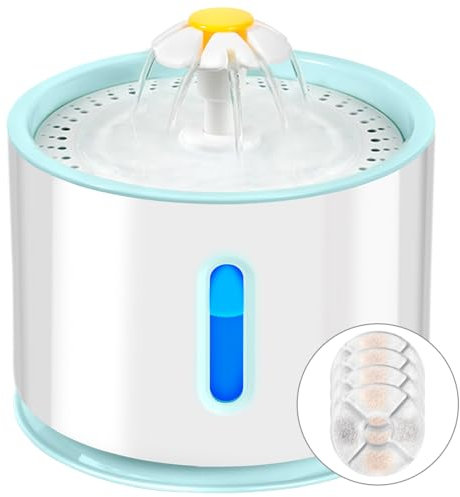 AQXONG Bebedero para Gatos 2.4L con Cuatro Filtros de Carbón Activado, Fuente de Agua para Mascotas Ultra Silenciosa con luz LED - Sistema de Filtración Cuádruple, Tres Modos de Flujo de Agua