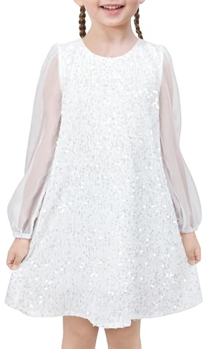 Sunny Fashion Girls Dress White Sequin Sheer Mesh Long Sleeve Party Pageant Wedding Age 5 Years