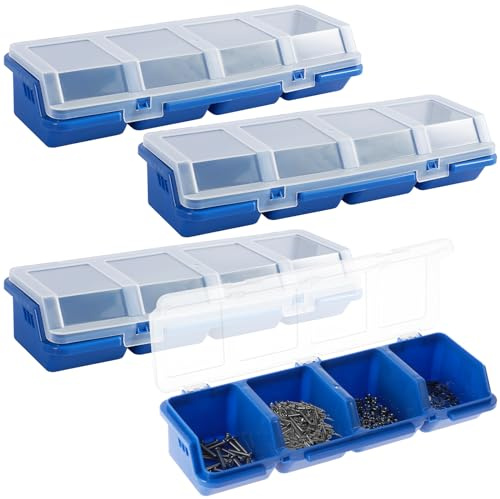 Lot de 4 boîtes de rangement modulaires en plastique empilables à 4 compartiments avec couvercle et verrou - Pour garage, atelier (bleu)