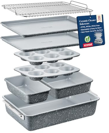 Bakken 8-Piece Stackable Bakeware Set – Ceramic Non-Stick, Oven-Safe Baking Sheets & Pans, PTFE/PFOA/PFOS-Free, Ergonomic Handles, Includes Cooling Rack – Healthy, Non-Toxic Baking Essentials