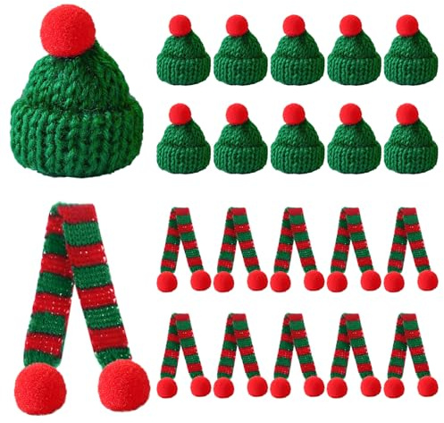 20 Stück Mini Weihnachtsmütze und Mini Schal,Sorgenwürmchen Zubehör,Cute Handmade Nikolausmütze Klein Tree Hut für Weihnachten Weinflasche Abdeckung, Puppenhaus, Weihnachtsfeiern Dekoration Geschenk