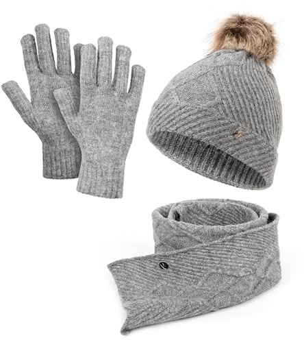 HEYO Damen Mütze Schal Handschuhe, Winter-Accessoires Set, Strickmütze mit Bommel HZ0012 (Grau)