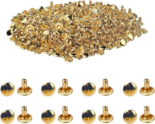 200 Sets Leather Rivets, 8mm Double Cap Rivet Tubular Metal Studs with 8mm Cap for Repairs Decoration, Round Rapid Rivets Button Studs Punk Spike for DIY Leather Craft/Hats/Purse/Shoes/Bag (Gold)