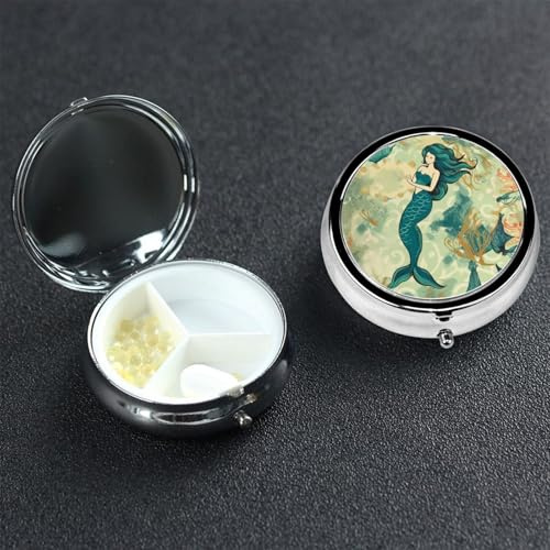 Retro Meerjungfrau Pillendose 3 Fächer Kleine Pillendose für Geldbörse & Tasche Metall Pillendose mit Spiegel Reise Tägliche Pillendose Tragbare Medizin Vitamin Halter Einzigartiges Geschenk