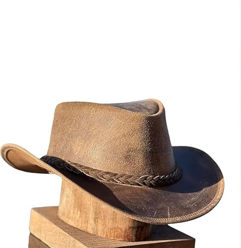 Men's Real Leather Cowboy Hats Australian Western Style Crazy Vintage Tan Outback Antique Hat with Shapeable Wide Brim (UK, Alpha, L, Brown)