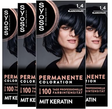 SYOSS Coloration 1_4 Blauschwarz (4x 115 ml), permanente Coloration mit Keratin verleiht bis zu 100 Tage professionelle Farbintensität, 100% Grauabdeckung