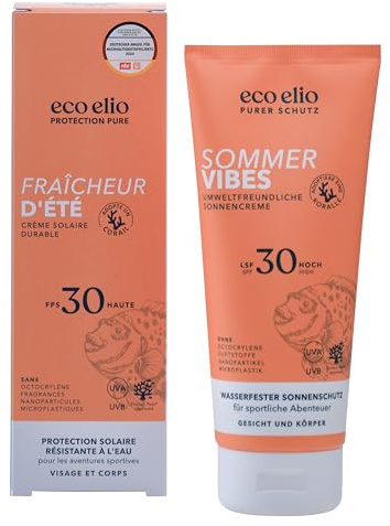 eco elio LSF 30 nachhaltige Sonnencreme 200ml Sommer Vibes Wasserfeste ohne Octocrylene und Mikroplastik Kokosduft Sunscreen Face Sonnencreme Körper