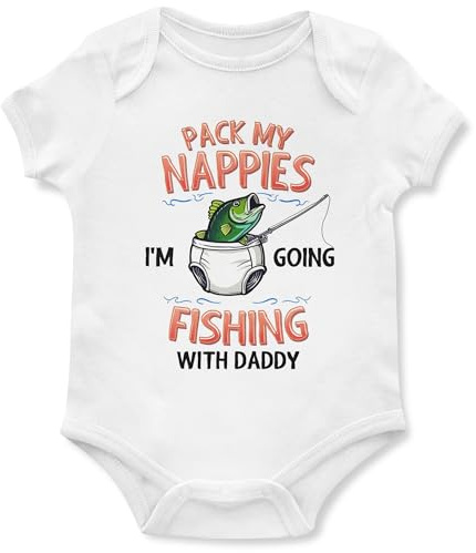 Funny Babygrow for New Dad Pack My Nappies I'm Going Fishing with Daddy Baby Vest Gift Idea, 0-3 Months, White