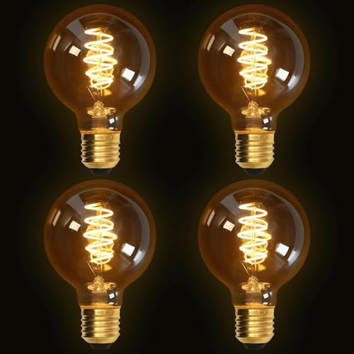 Terafeels 4 Pack E27 Screw Bulbs, G80, 4W, 2200K Warm Yellow Glow, Amber Glass,Spiral Filament, LED Vintage Light Bulb, Decoration Bulb, Non-Dimmable