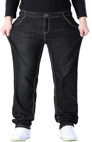 Pantalón vaquero de gran tamaño para hombre, elástico, ajuste holgado, estilo vintage, cintura elástica, corte recto, súper flexible, denim, cómodo, de algodón, pantalón casual, Negro , 8XL