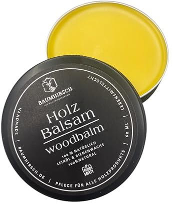 Baumhirsch Holz Balsam – Natürliches Holzwachs farblos made in Germany Bienenwachs & Leinöl – Möbelpolitur für Schneidebretter, Holz und Möbel – 100% natürlich & lebensmittelecht (60 ml, Ohne Duft)