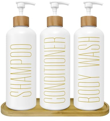White Glass Shampoo & Conditioner Dispenser Set with Bamboo Pumps & Tray - 3 Refillable Bottles for Shower, Pre-Labelled for Body Wash, Shampoo, Conditioner - 16.9oz/500ml Each
