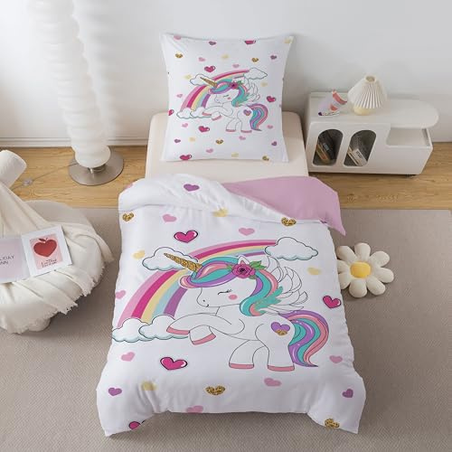 DJDEA Cartoon Bettwäsche 135 x 200 cm Kinder Weich Mikrofaser, Regenbogen Einhorn Motiv Bettwäsche-Sets mit Reißverschluss, mit Kinder Bettbezug und 1 Kissenbezug 80 X 80 cm, Geschenk für Mädchen