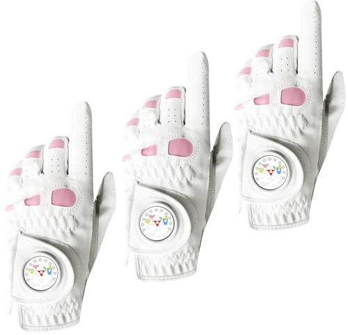 AXKAL Lady Golf Glove Ladies Women Left Hand Right Leather With Ball Marker Value 3 Pack (Not In Pair), Gloves Durable Soft Good Grip Fit Small Medium Large XL (Pink, M, Left)