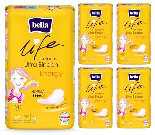 bella life for teens Ultra Binden Energy Normal | dermatest: SEHR GUT | ultradünne Binden für Teenager im 5er Pack (5 x 20 Stück) | mit Flügeln und Frischeduft