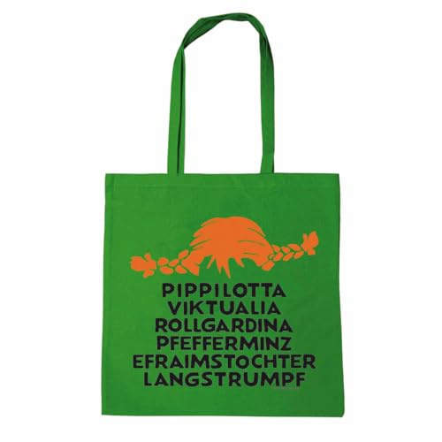 Logoshirt Pippi Långstrump I Namn I Tryckt Tote Bag I Shoppingväska I Återanvändningsbar I Med långa handtag I Licensierad Design, gRÖN
