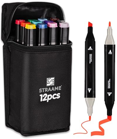 Straame Alcohol Markers – 12 Dual-Tip Pens, Fine (1mm) & Chisel (6mm) Nibs, Double-Ended Art Pens for Drawing, Sketching, Manga & Anime, With Durable Carry Case (Paint Markers - 12 pcs)