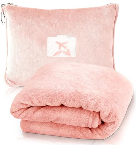 Weiche & Warme Reisedecke für Flugzeug & Auto, 2 in 1 Reisedecke & Kissen mit Rucksackclip, Flugzeugdecke Kuscheldecke Kopfkissenbezug Kompakte Kissen Decke für Flugzeug, Auto, Büro (Rosa2)