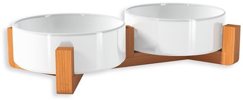 OWLBOOK® Hundenapf Katzennapf Doppelnapf aus Keramik mit Bambus Gestell Futternapf Napf Wassernapf für Katzen Hunde Kleintiere Haustiere | Blanko | Keramik, Bambus 300 ml