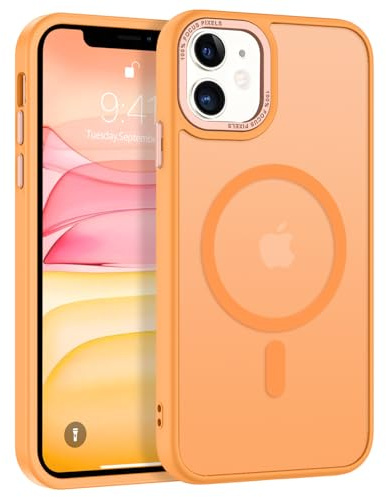 DUEDUE Cover Magnetica per iPhone 11 6.1[Compatibile con MagSafe], Custodia Opaca per iPhone 11 Case con Pulsante metallico Ultra-Sottile TPU Silicone Anti-Scivolo, Arancione