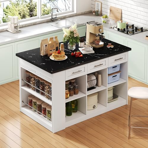 DACHETOU Isola cucina multifunzionale 90 x 150 cm, tavolo da pranzo bianco allungabile, piano di lavoro in legno marmorizzato nero/bianco, armadi integrati
