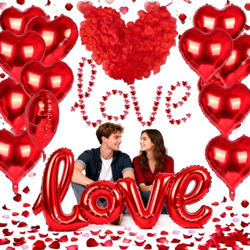 Kit decorazioni palloncini San Valentino, 16 Palloncini Cuore Rosso + 1000 Petali di Rosa Seta Kit + 200 Cristalli Cuore Decorazione Romantico per Matrimonio, San Valentino, Fidanzamento