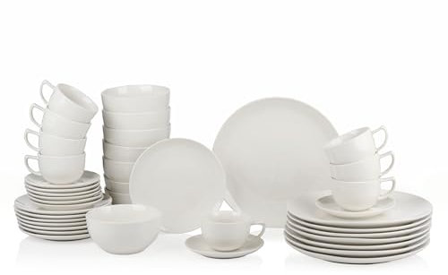 alpina Set Piatti per 8 Persone - Servizio Piatti Ceramica di 40 Pezzi - con Piatti per Colazione, Piatti da Pranzo, Ciotole, Tazze e Saucer - Adatto per Lavastoviglie e Microonde - Bianco