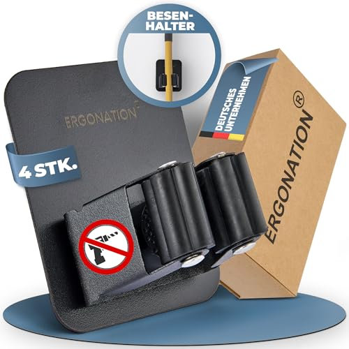 Selbstklebende Besenhalter & Gerätehalter Wand ohne Bohren und Schrauben | Robuste Wandhalterung aus Edelstahl für Besen, Werkzeug, Pfannen, Garten, Werkstatt, Garage, Küche, Badezimmer (Schwarz, 4)