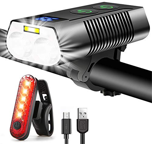 REHKITTZ Bike Lights Set 3300 Lumen Super Bright,5000 mAh Super Long Standby Rechargeable Bike Light Front and Back,with COB and Power Display,9 Lighting Modes Bicycle Lights
