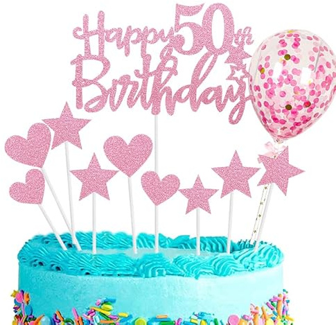 Personalised Happy 50th Birthday Cake Toppers - Pink for Women, Lady, Glitter Cupcake Topper, 11p, Cake Topper 50th Birthday Cake Decoration
