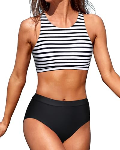 Tempt Me Black White Striped Women High Waisted Bikini Two Piece Swimsuits High Neck Crop Top Racerback Sporty Bathing Suits for Teen Girls S
