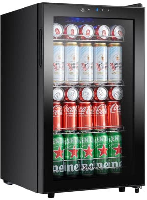 Kalamera KRC-68GE Refrigerador para bebidas, nevera pequeña para botellas con panel de control táctil, zona de enfriamiento de 3-18 °C, nevera de cerveza, 68 litros, 38 dB, luz interior LED azul