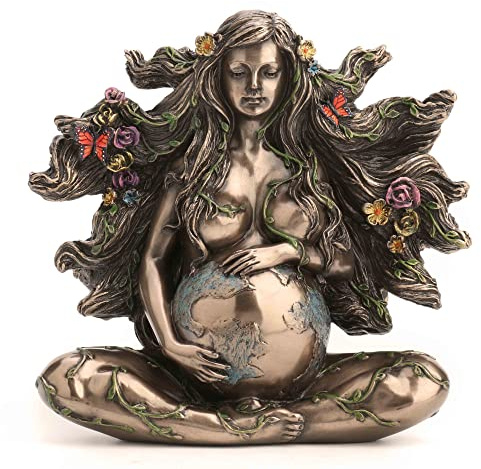 Veronese Design Skulptur sitzende Schwangere Mutter Gaia mit Schmetterlingen, Kaltgussharz, Bronze-Finish, 11,4 cm