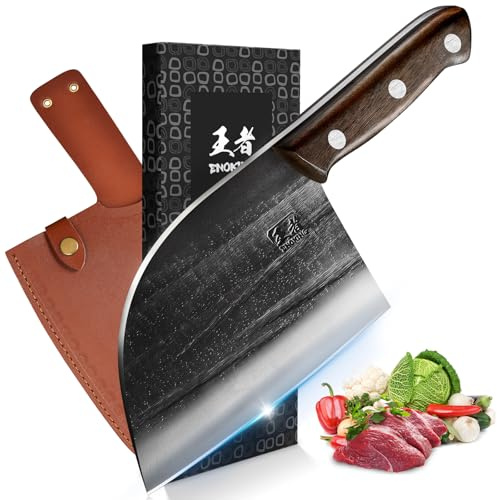 ENOKING 6.7 Serbian Chef Knife, Full Tang Vegetable Meat Cleaver for Kitchen, High-Carbon Stainless Steel Blade with Wooden Handle, Multipurpose Chopper Knife with Sheath & Gift Box