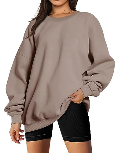 Timuspo damtröja tröja, långärmad, oversized, enfärgad, långärmad tröja, bomullsblandning, klassisk basic-rund hals, sport, ljusbrun, M