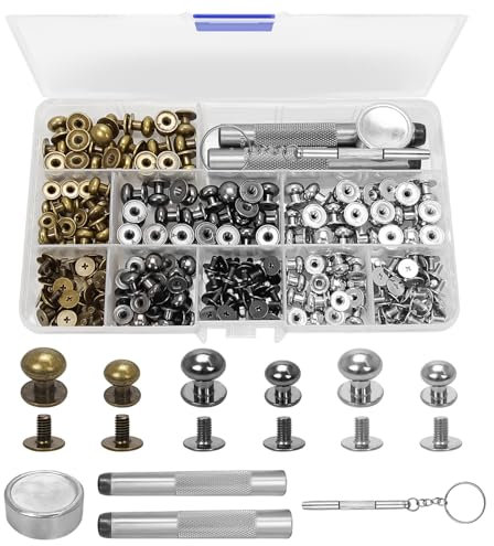 120 Stück 8mm/10mm Runde Kopf Knopf Stud, Doppelkappen Nieten, Chicago Schrauben, runder Kopf Messing Schraube Knopf für DIY, Handwerk Leder,Reparaturen,Geldbeutel（Bronze, Perlglanz Schwarz, Silber）