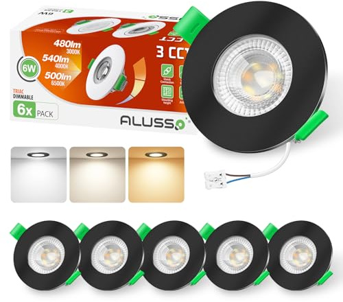 ALUSSO 3CCT LED Einbaustrahler 230V Dimmbar 6W IP44, Loch 68-75MM, 6er Set | Schwarz Spots Deckenleuchte 3000K 4000K 6500K Wählbar, Deckenspots mit Abnehmbar Modul Einbauspots LED für Badezimmer Küche