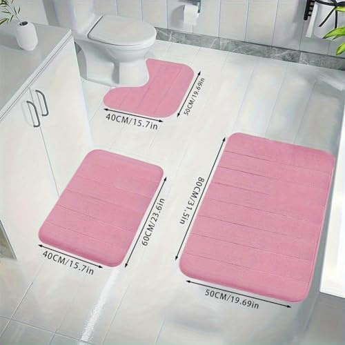 3-teiliges erweitertes Badematten-Set aus Memory-Schaum – strapazierfähiger, rutschfester WC-Vorleger mit U-förmiger Matte und WC-Deckelbezug, Rosa