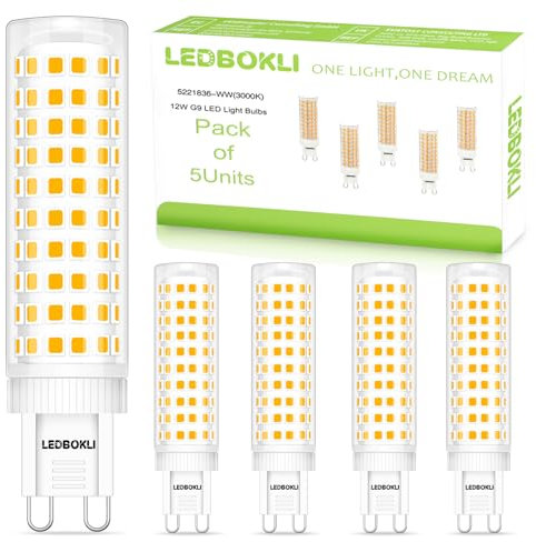 LEDBOKLI Bombilla LED G9, blanco cálido 3000 K, 12 W (equivalente a 100 W), 1100 lm, bombilla de maíz de cerámica, ahorro de energía, sin parpadeo, no regulable, paquete de 5