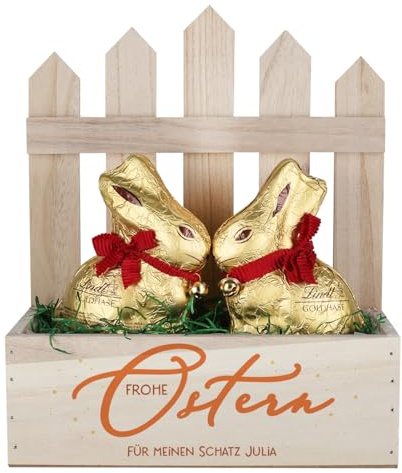 Herz & Heim® Osterkörbchen gefüllt mit 2 Schokohasen (Frohe Ostern, 23 cm x 27 cm x 10,5 cm (B/H/T))