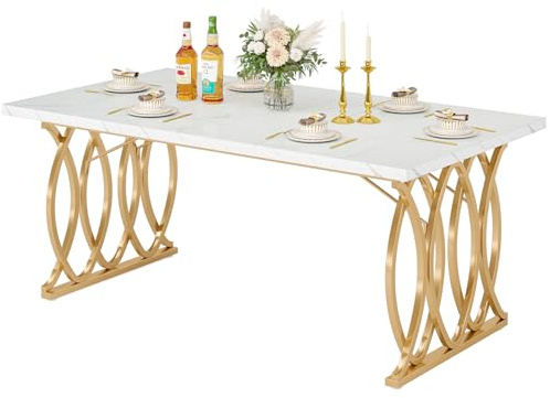 LITTLE TREE Modern Dining Table for 4-6 People, 63 Large Rectangular Kitchen Table with Faux Marble Tabletop and Geometric Legs, Unique Dinner Table Kitchen & Dining Room Furnitur