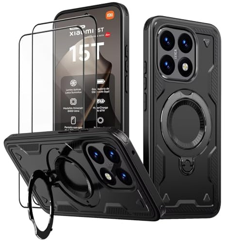 KANSi Case for Xiaomi 15T / 15T 5G and Tempered Glass*2, Rugged Phone Case with Kickstand and Ring Holder - Black