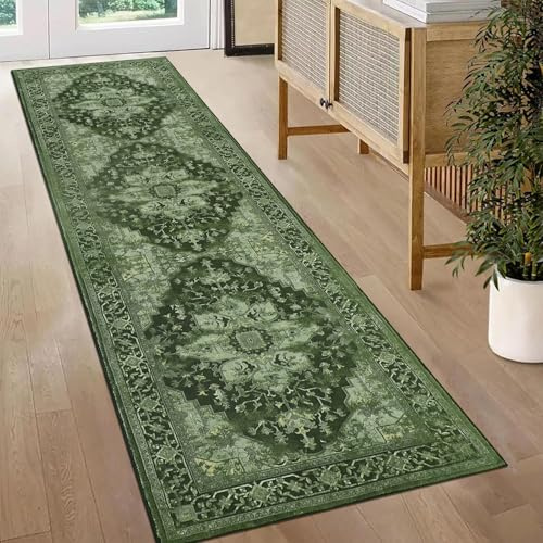 Homcomodar Distressed Carpet Runner for Hallways Non Slip Washable Runner Rug for Kitchen Vintage Hallway Runners Non Shedding Floor Carpet Runner for Bedroom Laundry Besides(Green,65x240cm)
