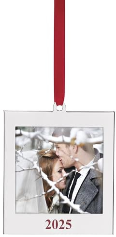 Lenox Ornament, 2025 Frame Silverplate Ornament, Tree Decorations, Red Ribbon for Hanging, Christmas Decor, Tree Decor, Family Picture Ornaments, Christmas Decoration (Silver, 1 Piece, 2.5x2.75-Inch)