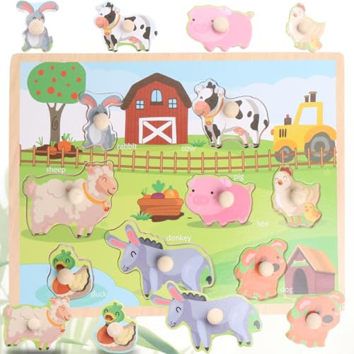 Holzpuzzle Kinder Steckpuzzle Holz ab 1 Jahr 2 3 Jahre Spielzeug Puzzle Bauernhof Tiere Holzspielzeug Großen Holzknöpfen Lernspielzeug für Jungen und Mädchen Kindergeschenke