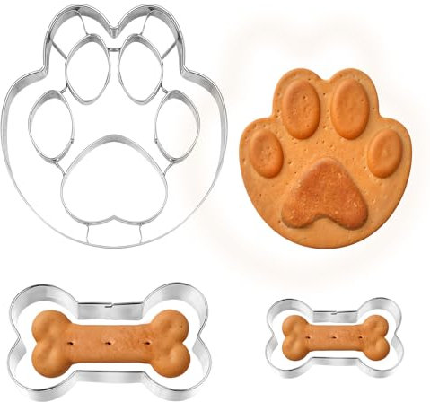 HJZHII Juego de 3 cortadores de galletas, de acero inoxidable, moldes para galletas, gofres para tartas, decoración de tartas, diseño de pata de perro, hueso grande, hueso pequeño para galletas